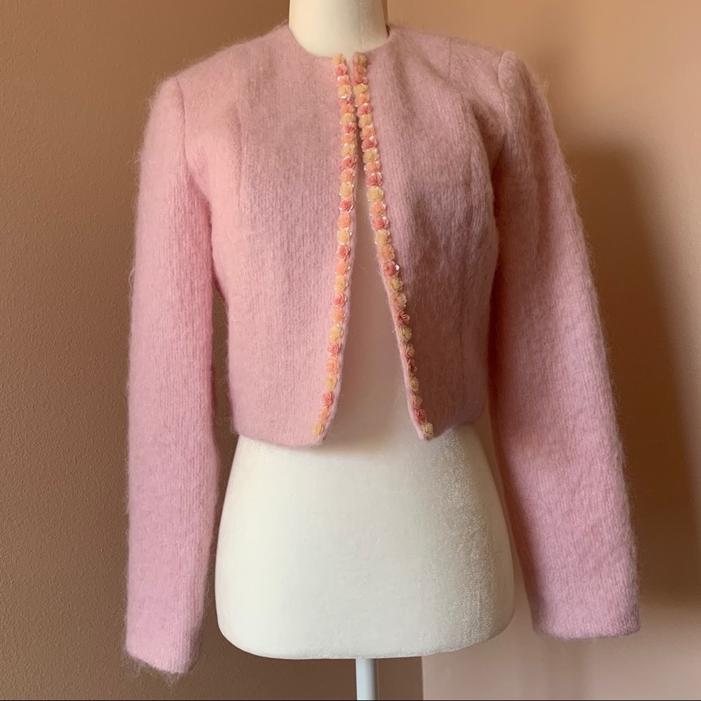 N.R.I Pink Wool Cardigan With Flower Sequins